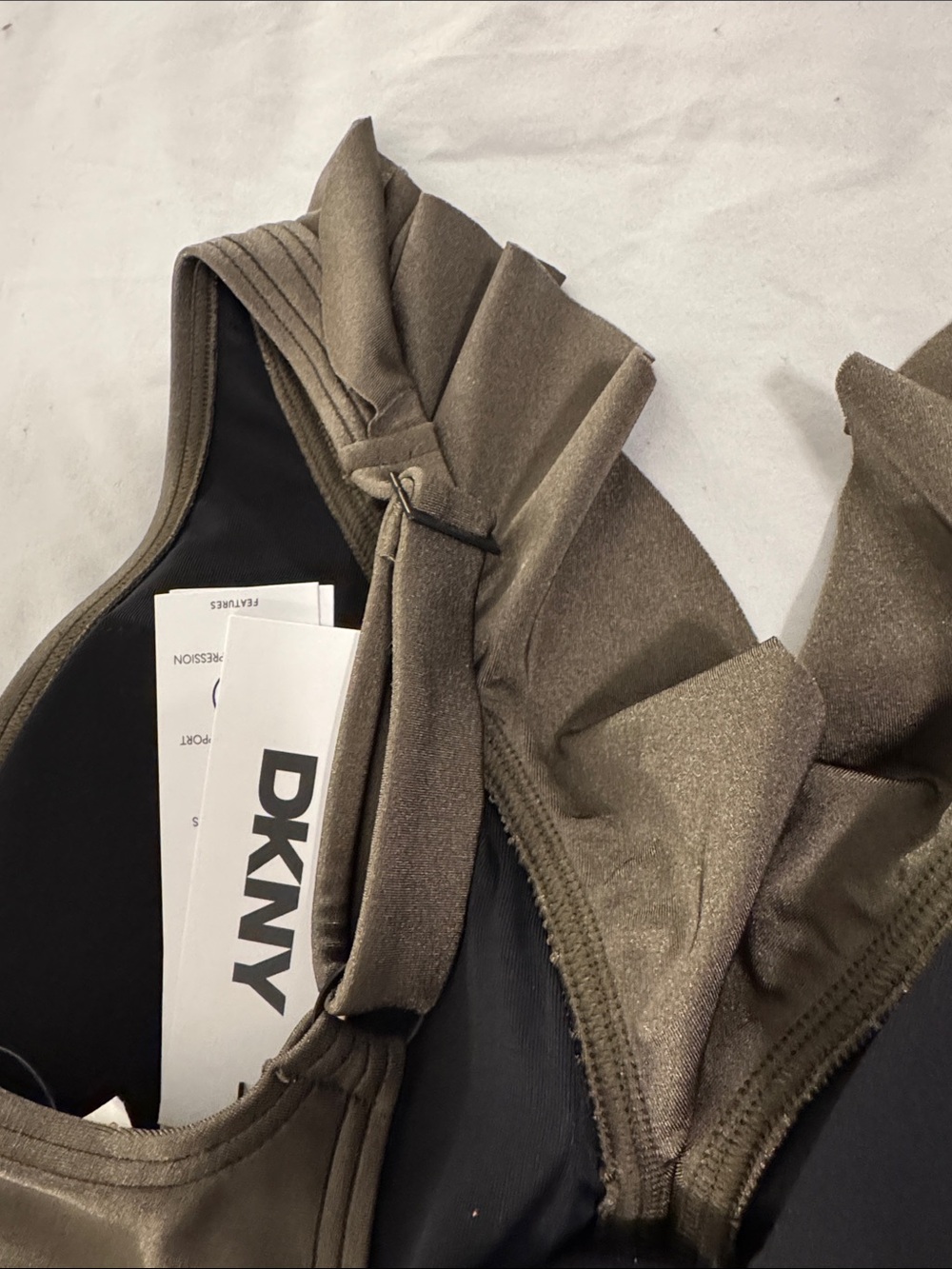 DKNY Ruched Olive Green One-Piece Swimsuit with Ruffle V-Neck - Picture 10 of 11